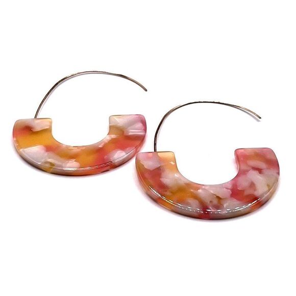 Peach with Orange C Shaped Tortoise Shell Acrylic Yellow Gold Hoop Earrings - Picture 2 of 6